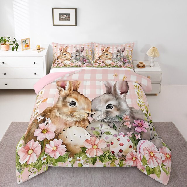 Erosebridal Easter Rabbit Bedding Twin Comforter Set,Cute Eggs Down Comforter,Girly Plaid Room Decorative,Reversible,Lightweight,2-Piece