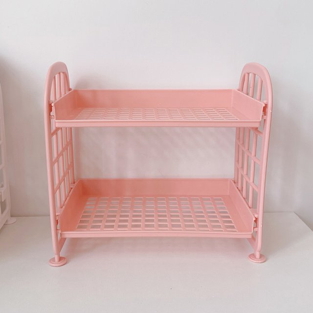 Rack Holder Kitchen Bathroom Cosmetics 2 Layer Desktop Shelf Side Guardrail Design Foldable Double Layer Stacking Cosmetic Stationery Storage HolderPink