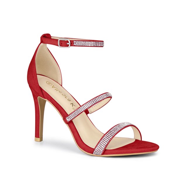 BLISSFUL STEP Women's Shoes Rhinestone Stiletto Heel Ankle Strap Sandals Red 7
