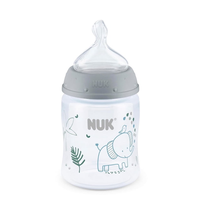 NUK Smooth Flow Biberon Anti-Coliques avec Bouchon à Vis Gris et Tétine Transparente, Biberon transparent Décoré d'Illustrations d'Éléphant Bleu et Vert, d'Oiseau, de Papillon et de Feuille, avec Indicateur de Température SafeTemp pour une Alimentation Sécuritaire du Bébé.