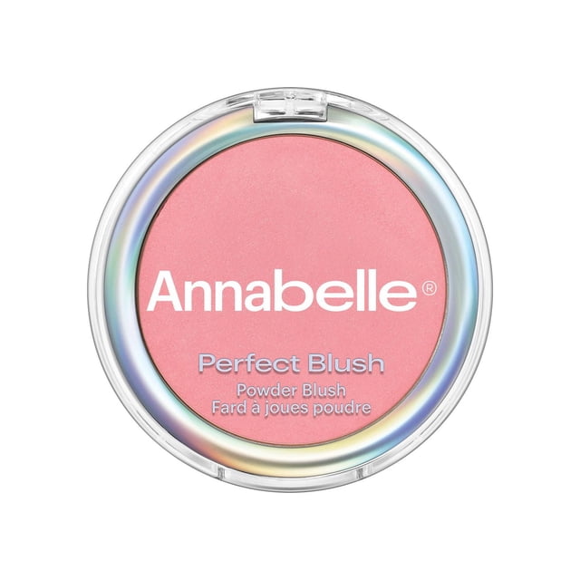 Annabelle Perfect Blush Talc-Free Powder Blush in a round compact with a clear iridescent lid, showing soft pink powder with the brand name and product details printed on top, ideal for cheek makeup with a blendable, hypoallergenic formula suitable for sensitive skin.