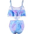 thumbnail image 4 of Women High Waisted Bikini Ruffle Swimsuit Flounce Pom Pom Trim Two Piece Bathing Suit Purple&blue (L, 4 of 8