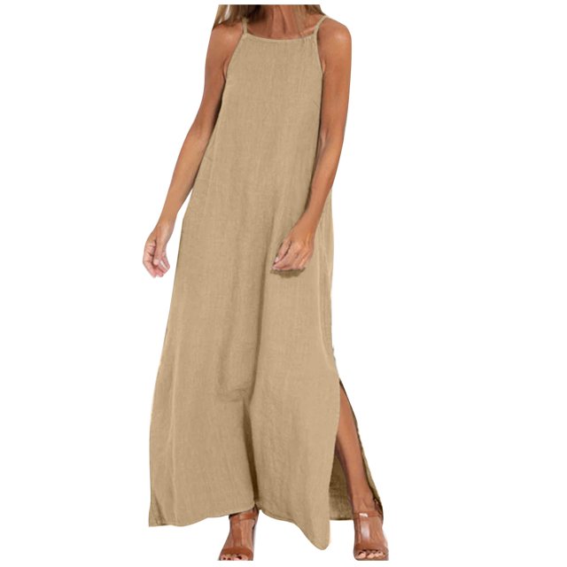 Penkiiy Robes Maxi pour Femmes 2024 Robe Longue à Bretelles Spaghetti Unie à Col Montant Sans Manches Robes d'Été Fendue à Bretelles Robe Fluide L Kaki