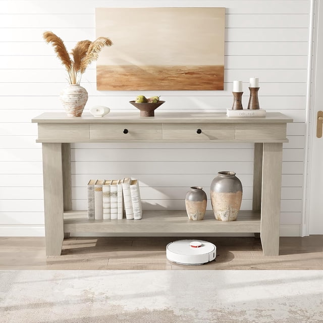 54 Inch Long Console Table – Wooden Entryway Table with 2 Drawers & Open Storage Shelf, Sofa Table Behind Couch, Farmhouse Style Entryway & Hallway Organizer for Living Room