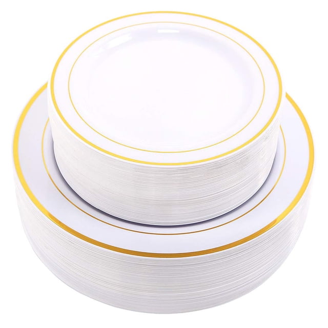 WDF 60PCS White Gold Plates Disposable - Gold Plastic Plates Gold Rim Plastic Plates, Including 30-10.25inch Gold Dinner Plates and 30-7.5inch Gold Salad/Dessert Plates