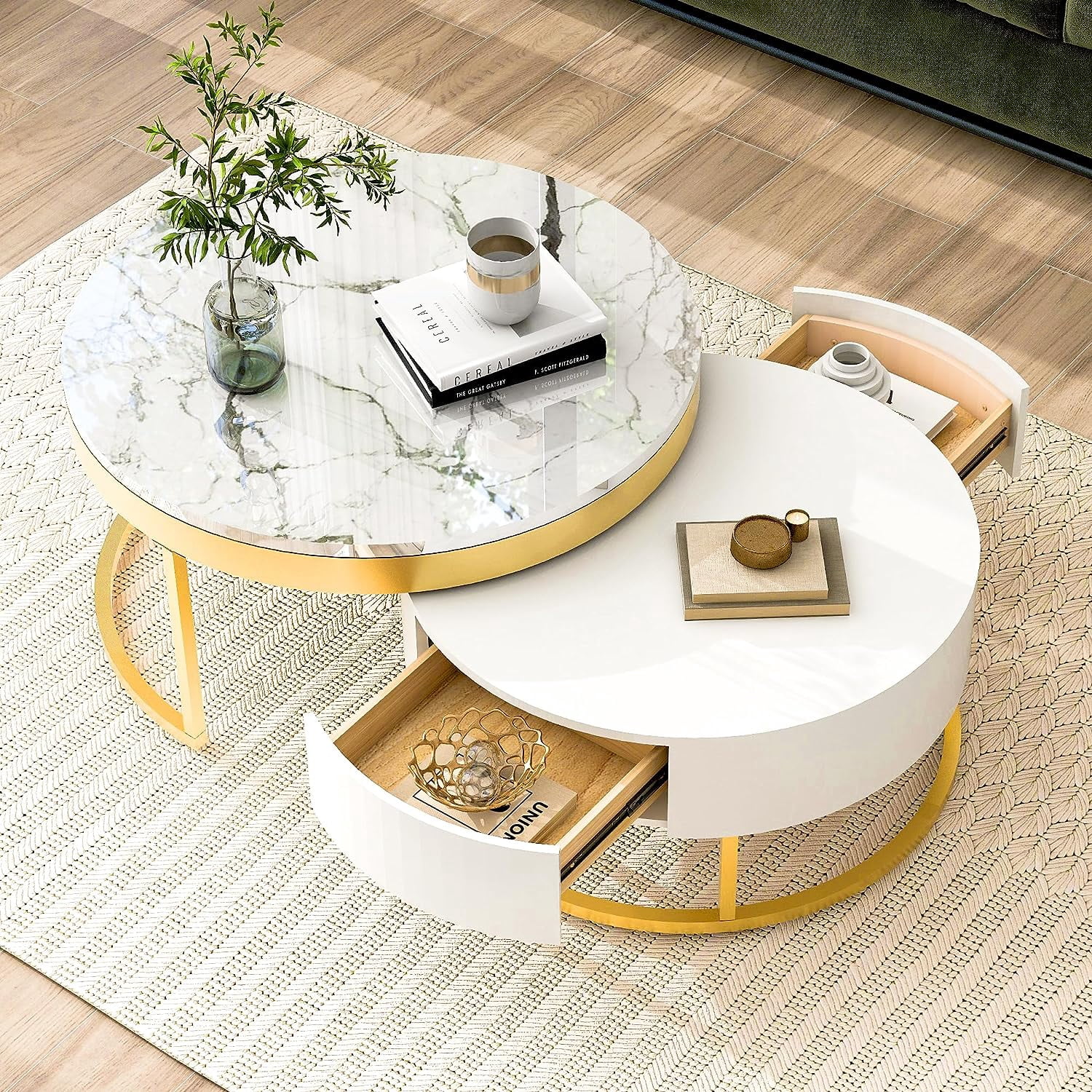 31.5" White Round Coffee Table with Storage White Faux Marble Nesting Coffee Table with Rotatable Drawers