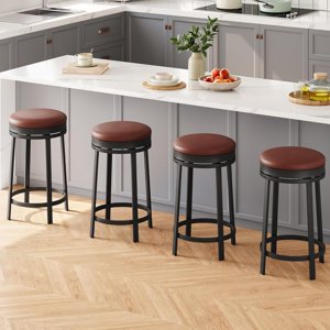 IDEALHOUSE 24'' Swivel Bar Stools Set of 4 with Footrest, Modern Counter Height Barstools with PU Leather Upholstered and Metal Frame, Backless Round Bar Stools for Kitchen Island, Brown