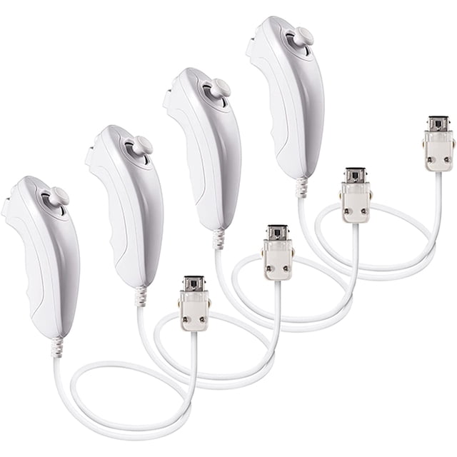 4 Pack Wii Nunchuck Controller by FYBTO, featuring white replacement remote joystick gamepad controllers compatible with Wii and Wii U consoles. Each controller includes an ergonomic design for left or right-hand use, motion sensor functionality with 3 axes, and two buttons (C and Z). The controllers are connected via a 120cm (3.94ft) cable. Made of durable plastic, this set is ideal for motion-based gameplay.