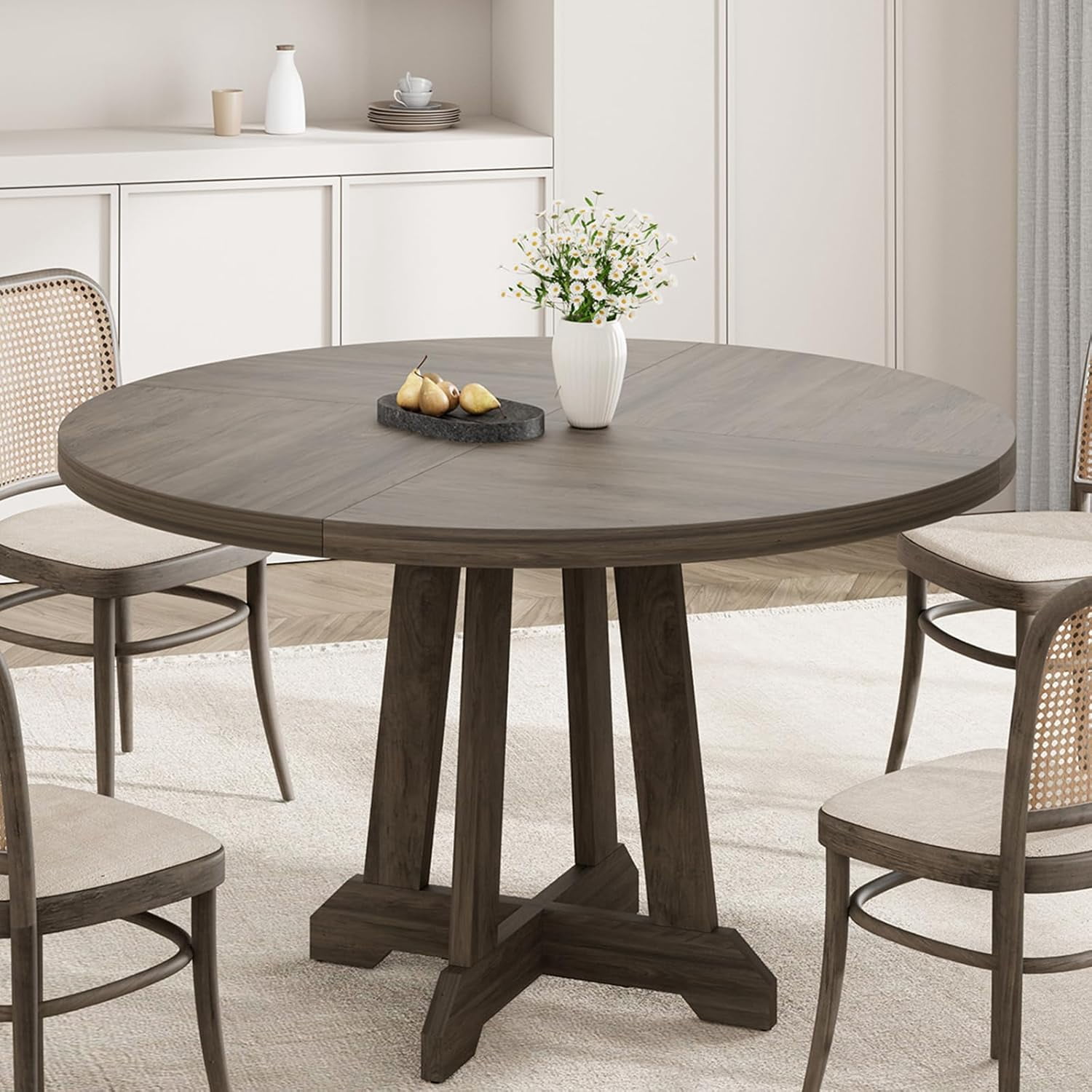 Round Dining Table for 4, 47" Wooden Kitchen Circle Dinner Table with Sturty Legs for Dining Room, Kitchen, Grey