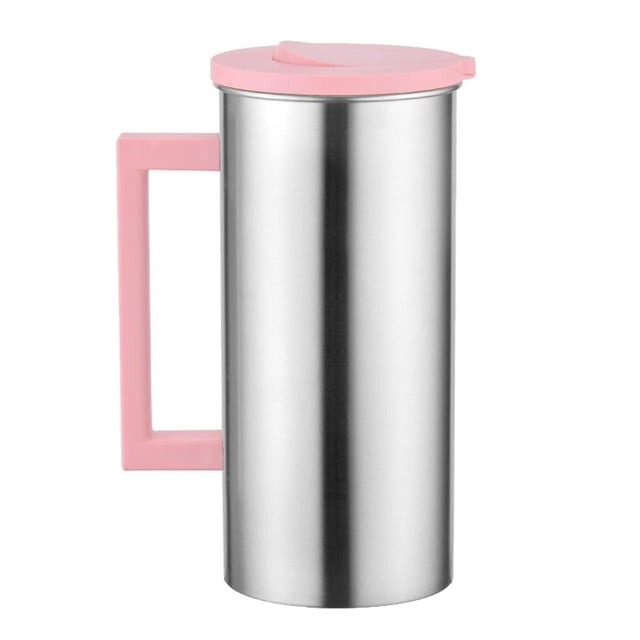 veasfak 1.8L stainless steel water pitcher with a pink handle and lid, ideal for serving cold beverages such as water, juice, and milk. Features a dripless spout and smooth surface for easy cleaning. Perfect for use in home, restaurant, hotel, cafe, or as serveware in dining settings.