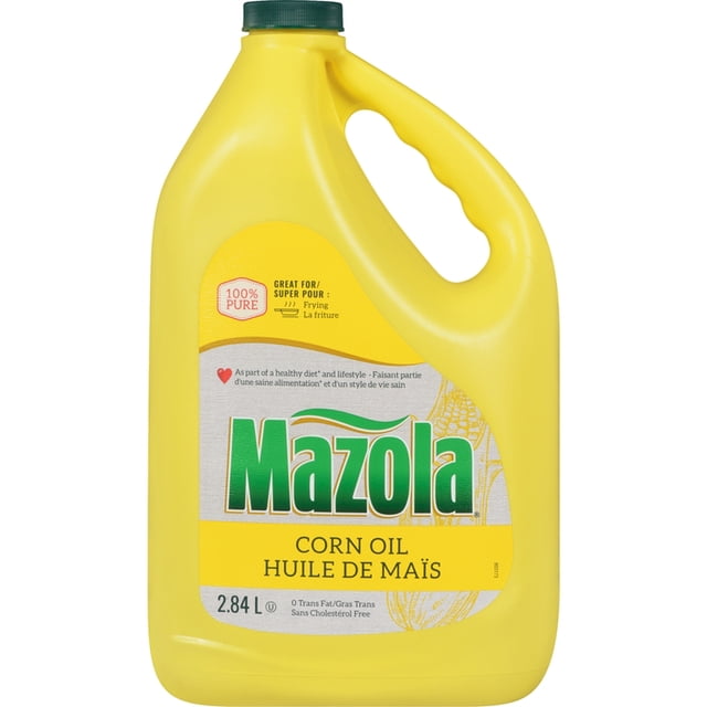 Mazola Huile de Maïs 2,84 L Pichet en Plastique Jaune avec Bouchon à Vis Vert et Poignée Ergonomique, Présentant une Étiquette avant avec logo Mazola Vert et Texte Bilingue Indiquant 100 % d'Huile de Maïs pure, Idéal pour la Friture, la Cuisson et la Pâtisserie, Faible en Gras Saturés et Sans Gras trans pour une Cuisson Saine.
