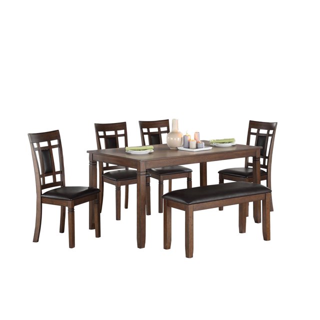 Topline Home Furnishings 6pc Solid Wood Dining Set<br>Includes: Table, 4 Chairs and Bench