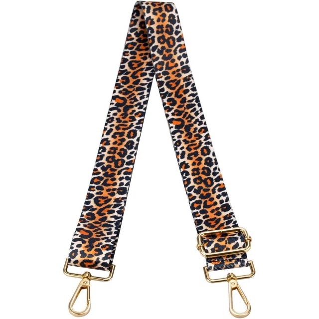 SURJDE Crossbody Strap for Purses Replacement Adjustable Guitar Multicolor Style Handbag Straps in a leopard print design. The strap features gold-tone hardware and is made of colorful thermal transfer pattern polyester. It measures 3.8 cm (1.5 in) in width and is adjustable from 80 to 146 cm (31.5 to 57.5 in) in length.