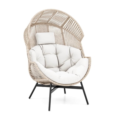 Gymax Fauteuil Oeuf Fixe en Osier, Fauteuil Panier Lounge avec Cadre en Métal Robuste, Blanc