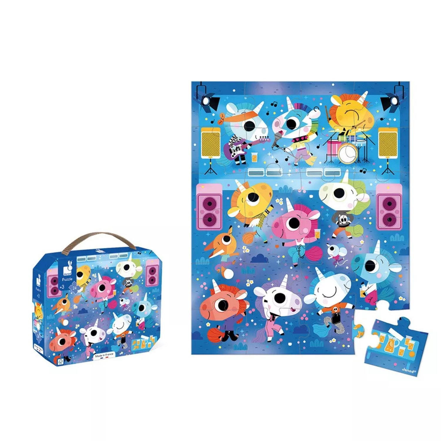Janod - Puzzle - Concert de Rock des Licornes - 24 Pièces - Taille 50 x 40 cm - Paillettes - Poster Modèle Inclus - Apprentissage Précoce - Compétences Motrices Fines - Pour Enfants à partir de 3 Ans