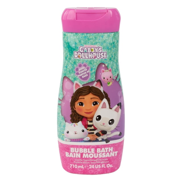 Gabby's Dollhouse Bubble Bath 710ml bottle with pink flip-top lid, featuring cartoon cat characters on a turquoise and pink label. Gentle, hypoallergenic, tear-free formula with berry scent for safe children's bath time.