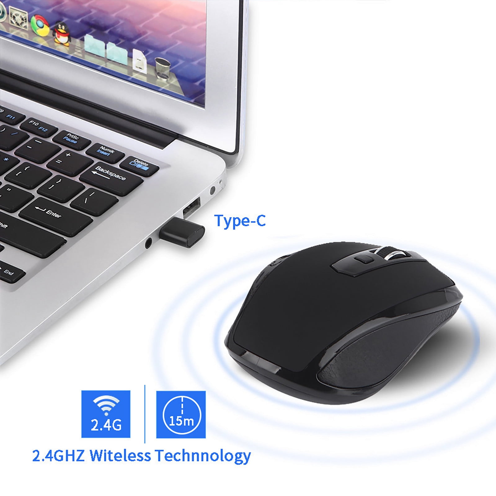 TOUMENY 2.4GHz Wireless Mouse, USB-C Receiver, 3 Adjustable DPI for Laptop, Tablet, Chromebook, Ergonomic Design, Plug and Play