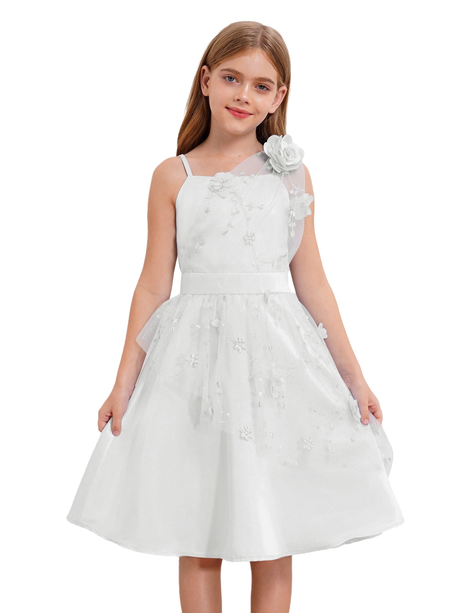 Jhaoyu Robe de Demoiselle d'Honneur pour Enfants, Satin Brodé, Concours, Bal, Fête Formelle, Tulle, Tutu, Robe de Bal, Ivoire 12