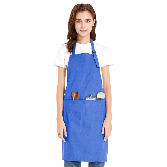 (Price/each)Opromo Unisex Cotton Canvas Adjustable Chef Kitchen Aprons with 2 Pockets-Blue-L