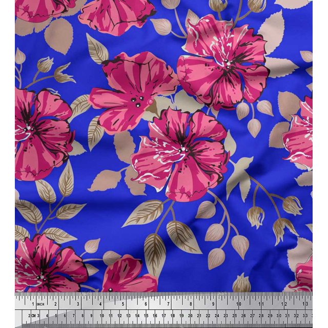 Soimoi polyester Crepe Fabric Leaves & Carnation Floral Print Sewing Fabric Yard 52 Inch Wide