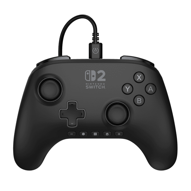 PowerA Advantage Wired Controller for Nintendo Switch 2 in black, front view showing dual hall effect thumbsticks, D-pad, A/B/X/Y buttons, C button for GameChat, and a 10 ft USB-C cable connected, with onboard audio controls for headset volume and mute, suitable for precise and immersive gaming.
