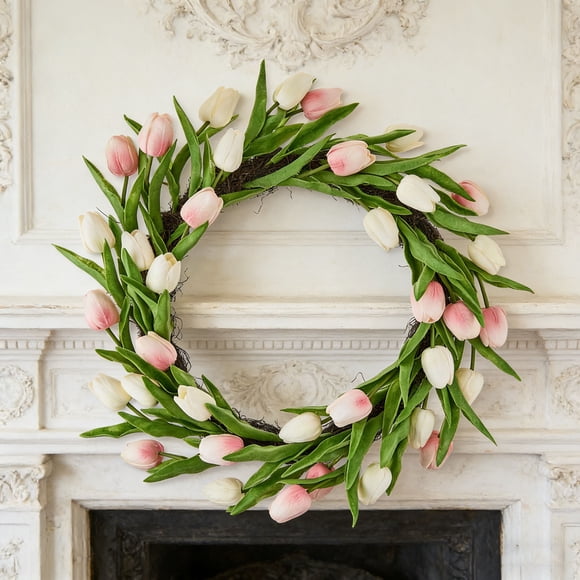 SSZMDLB Spring Tulip Wreath, Artificial Tulip Wreath For Front Door Decor, 21 Inch Faux Flower Wreath For Home Decor, Spring And Easter Door Wreath, Floral Hanging Wreath