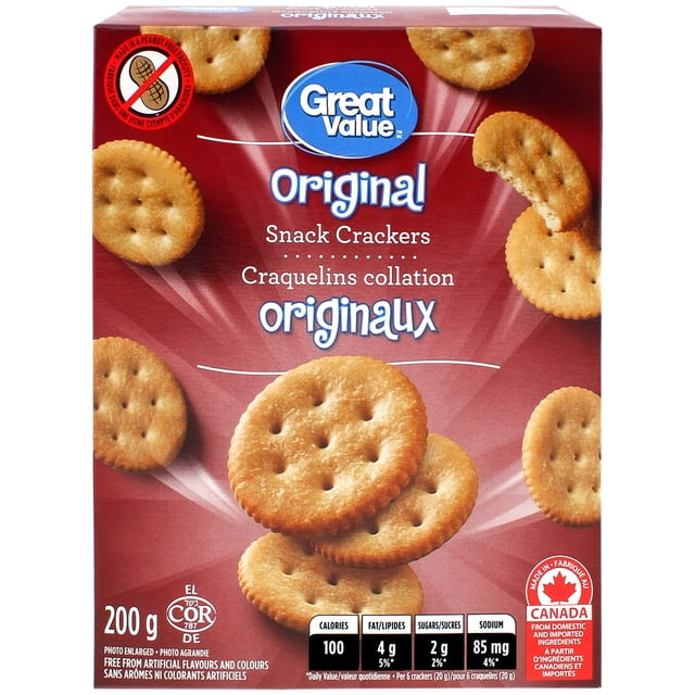Great Value Boîte Originale de Craquelins Collation Comprenant des Craquelins Ronds de Blé Doré à texture Floconneuse et Croquant Salé sur Fond Rouge. l'Emballage de 200 g Est Certifié Casher, Fabriqué dans une Installation Sans Arachides au Canada à Partir d'Ingrédients Nationaux et Importés. Convient pour Grignoter Ou à Accompagner de Trempettes et de Garnitures.
