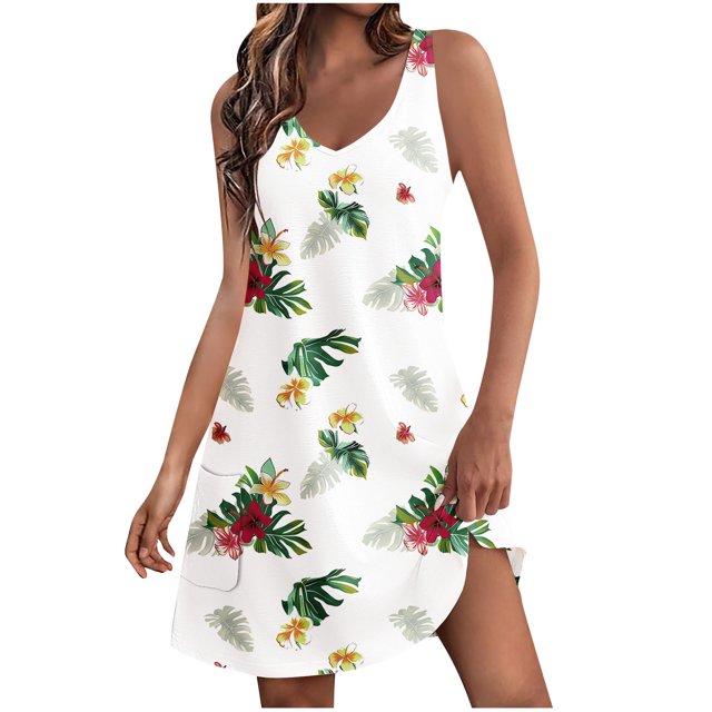 Staron Robe Femme Liquidation à Moins de 10 $ Ample Col en V Fluide Bohème Robe d'Été Vacances Plage Sans Manches Imprimé Floral Robes Trapèze TG