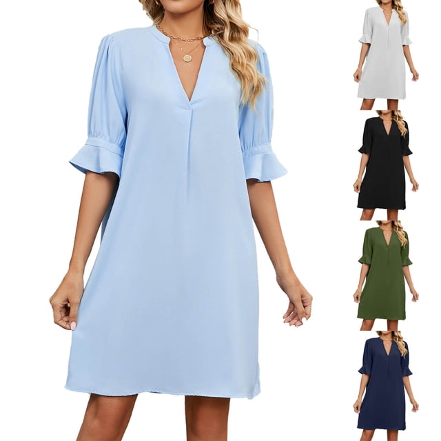 Gspmoly Robes pour Femmes, Robe Décontractée et Aguichant pour Femmes, Mode d'Été à Col en V, Manches Courtes, Ample, Unie, Robe de Cocktail, Offres des Fêtes