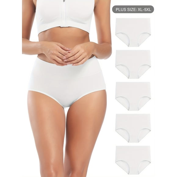 5 Pack Plus Size Basic Panties Set, Women's Plus Solid High Waist Medium Stretch Soft Underwear Five Piece Set