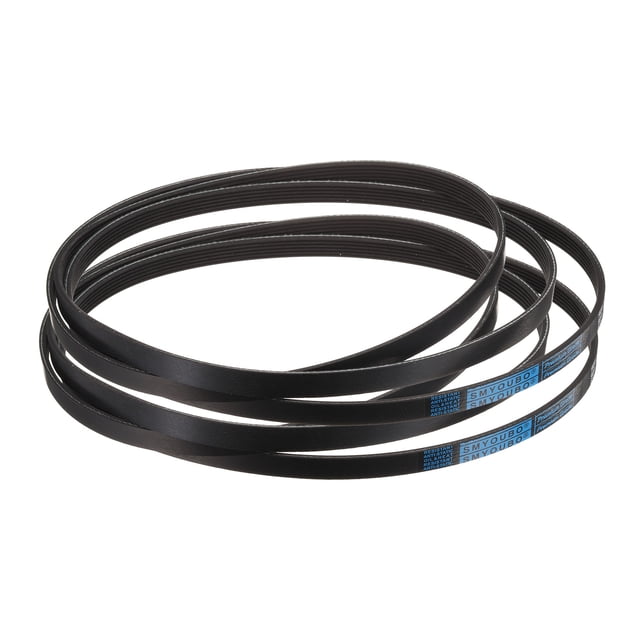 2 Pack 900J6 PJ V-Ribbed Belt with 6 ribs, measuring 90 inches in length, 0.55 inches in width, and 0.14 inches in height. Made of durable EPDM rubber, these belts are designed for high-temperature resistance, oil resistance, and wear resistance. The belts feature a V-shaped rib design for enhanced traction, speed transfer, and load distribution. Suitable for industrial machinery, appliances, and power tools such as compressors, pumps, drills, and saws. The image shows two black belts coiled with visible ribbed surfaces and blue branding details.