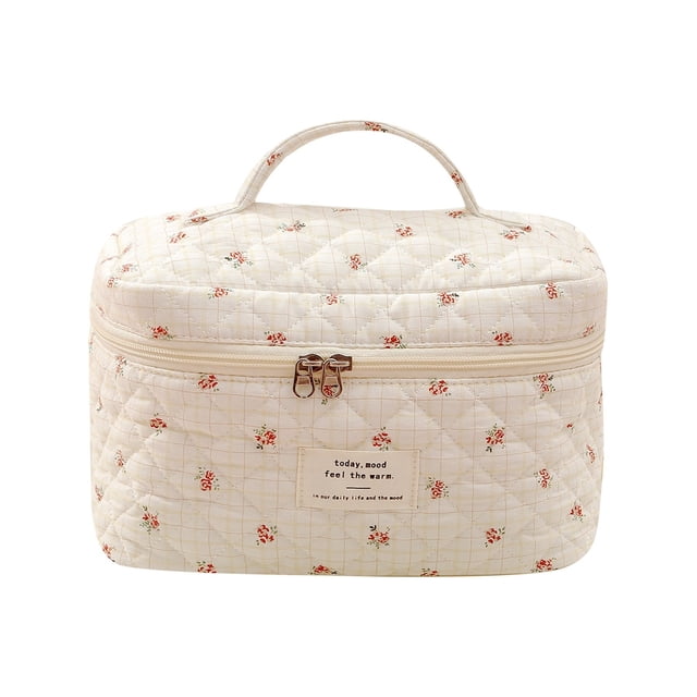 Portable Large Capacity Cosmetic Bag with Small Floral Storage and Portable Quilted with Cute Flowers