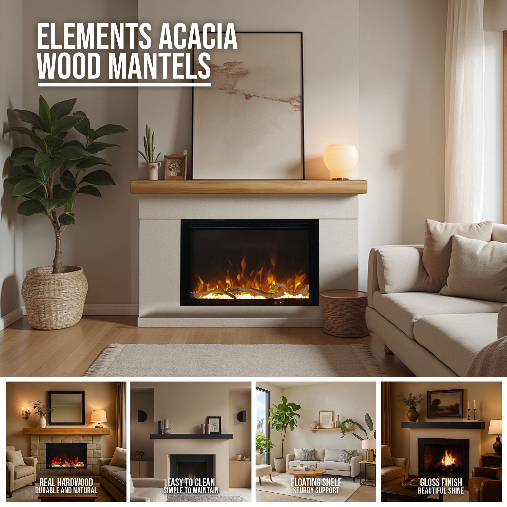 Tablette de foyer de 45 po en bois d'acacia fini lustré