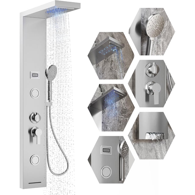 Eastvita Senfot 5-in - 1 LED Rainfall Stainless Steel Wall - Mounted Shower Panel Tower System with 3-Function Handheld Shower 2 Body Spray Temperature Display Steel Brushed