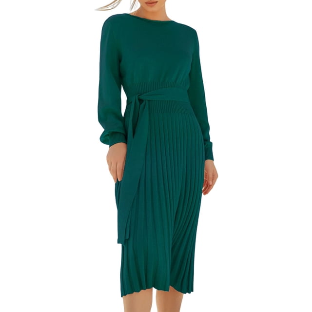 LLYwey Deals Robes à Épaules Dénudées pour Femmes Mode Bohème Col Rond Manches Longues Robe en Tricot Longueur Mini Nouvelles Robes Trapèze Vert TG