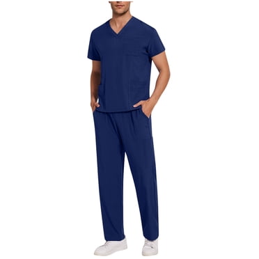 Bocqde Ensembles de Sarraus Médicaux pour Hommes 2 Pcs Tenues d'Été Unies T-Shirt à Col en V avec Pantalon de Jogging Vêtements de Travail pour Hommes Uniforme d'Infirmier avec Poches