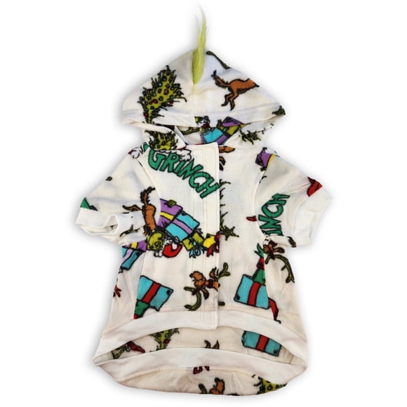Des Fêtes Grinch Manteau pour Chien 1-Pièce Coloré à Imprimé Intégral pour Votre Compagnon Poilu. Fait de Micropolaire Douillette, Cette Veste à Capuche 1-Pièce Est Douce et Confortable.