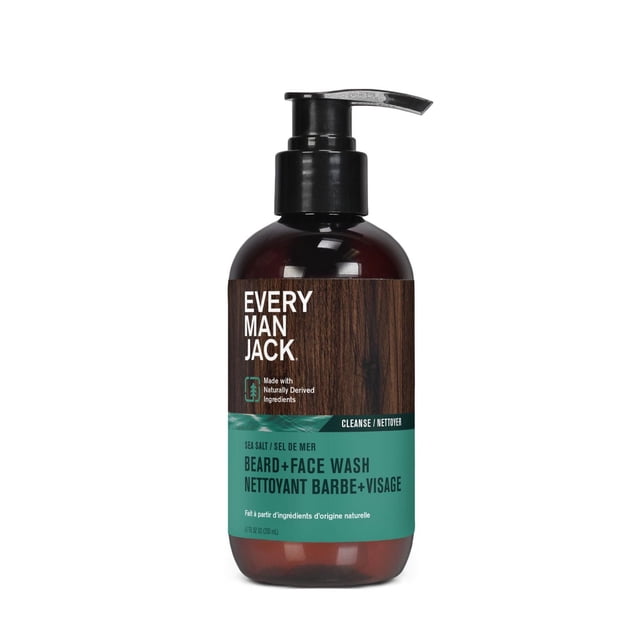 Every Man Jack Nettoyant Barbe + Visage Sel de Mer 200 ml dans une Bouteille Ambre Foncé avec Distributeur à Pompe Noir, avec une Texture Boisée et Étiquette Sarcelle, Formulé avec des Ingrédients d'Origine Naturelle pour Nettoyer en Douceur et Hydrater la Barbe et la Peau du Visage Sans Trop Sécher, Convient aux routines de Soins Quotidiennes.