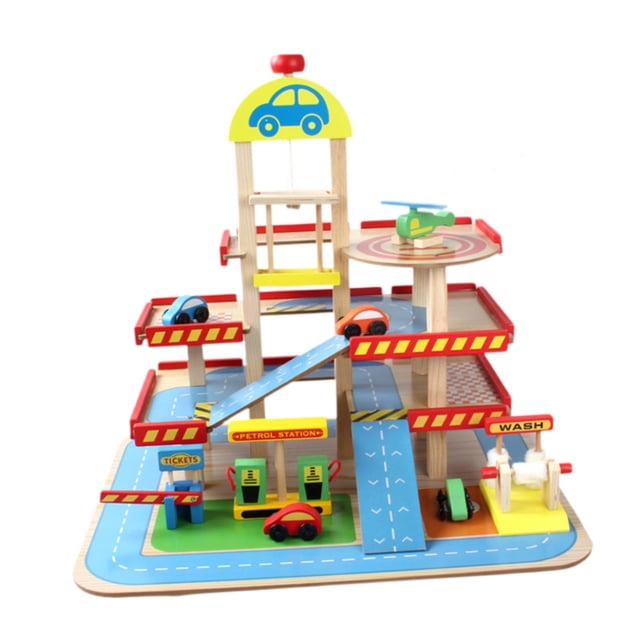 HILABEE Ensemble de Jeu Garage Comprenant un Garage de Stationnement en Bois à Trois Niveaux avec Rampes, une Station-Service, un Lave-Auto et une Billetterie. Comprend des Voitures Jouets, un Hélicoptère et une Hélisurface. Conçu pour le Jeu d'Imitation Interactif et le Jeu de Rôle Éducatif, Cet Ensemble de Jeu en Bois Écologique Mesure 47cm x 50cm x 40cm.