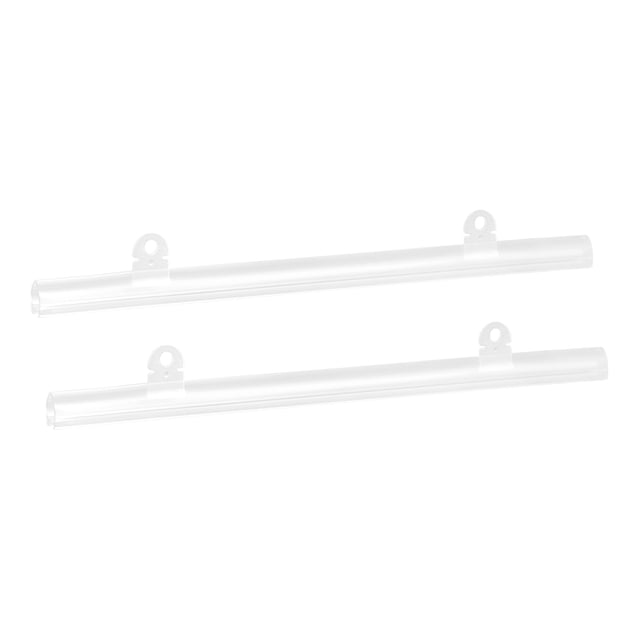 Unique Bargains PVC Poster Hanger Rail Poster Strip Bar, 25cm/10inch, clear with clips, shown in a set of two. These high-transparency PVC strips feature adjustable clips that slide along the groove for customizable positioning. Designed for hanging posters, maps, vinyl signs, and banners, they provide strong grip force to securely hold materials without tearing or slipping. The image displays the two clear hanger strips with integrated hanging loops for wall or ceiling mounting.