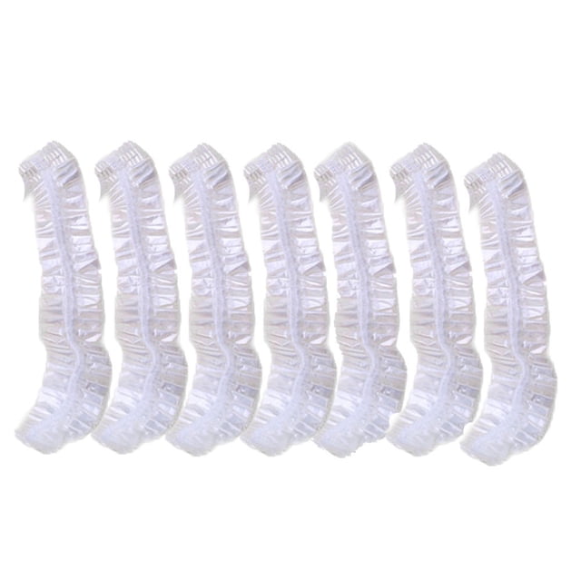 Vaidha 100pcs Clear Disposable Plastic Shower Bath Caps for spa and hair salon use. The image shows a set of clear, individually wrapped plastic shower caps made from PE material. These one-size-fits-all caps are designed to keep hair dry and are suitable for personal care, spa treatments, or salon use. The package includes 100 disposable caps.