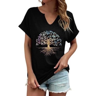 Fgnfyis Fashion Women's V Neck Print T Shirt Casual Loose Top for Everyday Wear Stylish Graphic Tee for Spring and Summer Seasons Womens Tshirts Black L