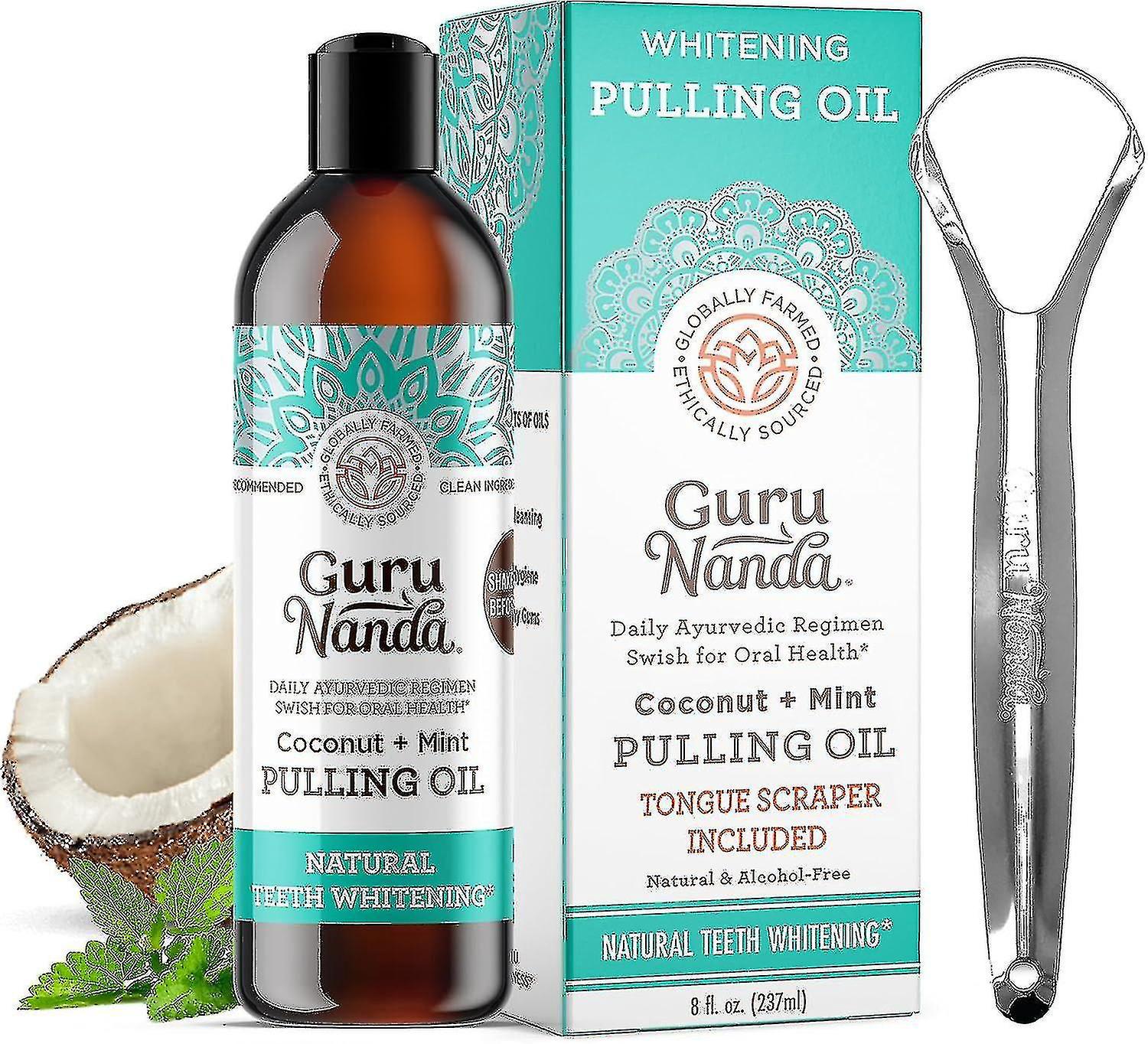 Gurunanda Oil Pulling (8 Fl.oz) With Coconut & Peppermint Oil With Tongue Scraper Inside The
