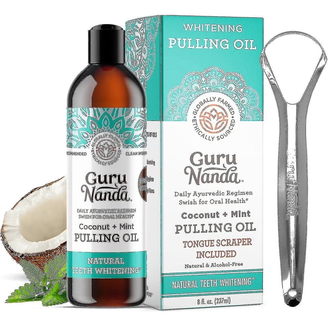 Gurunanda Oil Pulling (8 Fl.oz) With Coconut & Peppermint Oil With Tongue Scraper Inside The