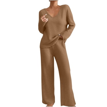 yoeyez Ensemble de Pyjama pour Femme Deux Pièces Tricot Côtelé Confortable Ensemble de Détente à Manches Longues Ensemble de Pyjama Assorti 2 Pcs avec Poches Pantalon Long Douce Tenue de Nuit Kaki m