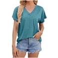 thumbnail image 2 of Fashion Womens Solid Color Loose T-Shirt Short Sleeved V-Neck Top, 2 of 9
