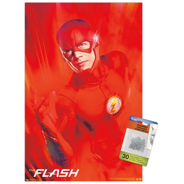 DC Comics TV - The Flash - Affiche Murale Key Art, 22,375 Po x 34 Po, Représentant le Flash dans Sa Combinaison Rouge avec l'Emblème de Foudre Jaune sur la Poitrine, Posé avec une Main Tendue sur un Fond Rouge Vif avec des Effets de Flou de Mouvement, Comprend 30 Punaises Transparentes pour une Suspension Facile et Sans Dommages.