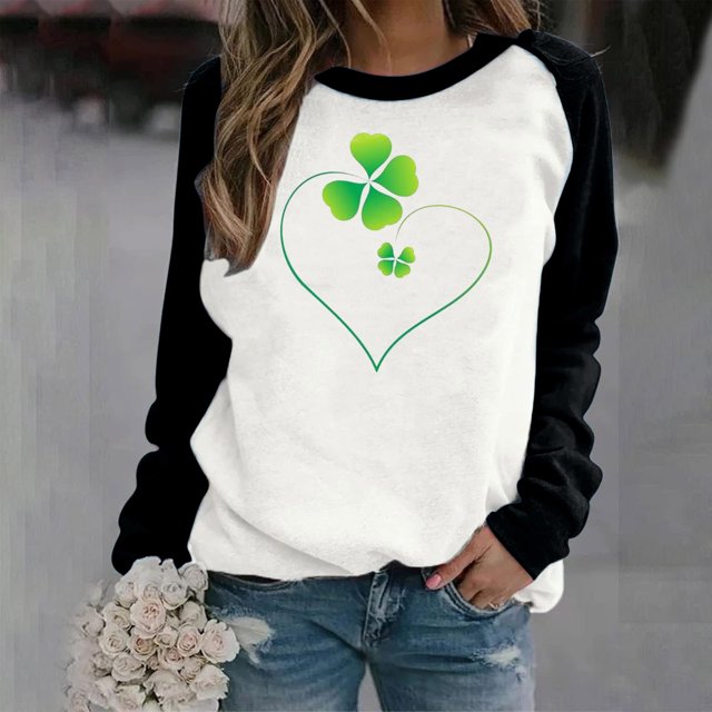 T-shirt Ample à Manches Longues et Col Rond Imprimé pour la Saint-Patrick pour Femmes
