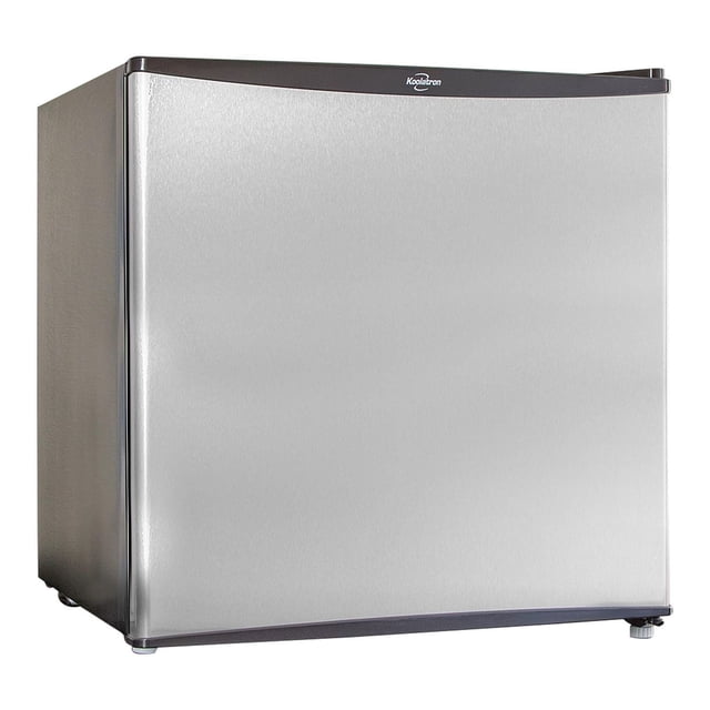 Koolatron Stainless Steel Compact Fridge with Freezer, 1.6 cubic feet capacity, modern stainless steel mini fridge with freezer compartment, flat back design, adjustable legs, reversible door, and efficient compressor cooling, ideal for home, office, or dorm use.