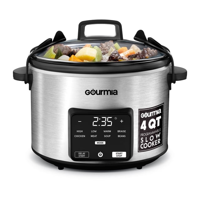Gourmia 4.5 QT Programmable Slow Cooker with stainless steel finish, featuring a digital control panel with five presets for braise, chicken, meat, soup, and beans. Includes a programmable timer with a 30-minute to 24-hour range and automatic keep warm mode. Compact design with spill-resistant locking lid and removable stoneware pot, ideal for small households or meal prep.